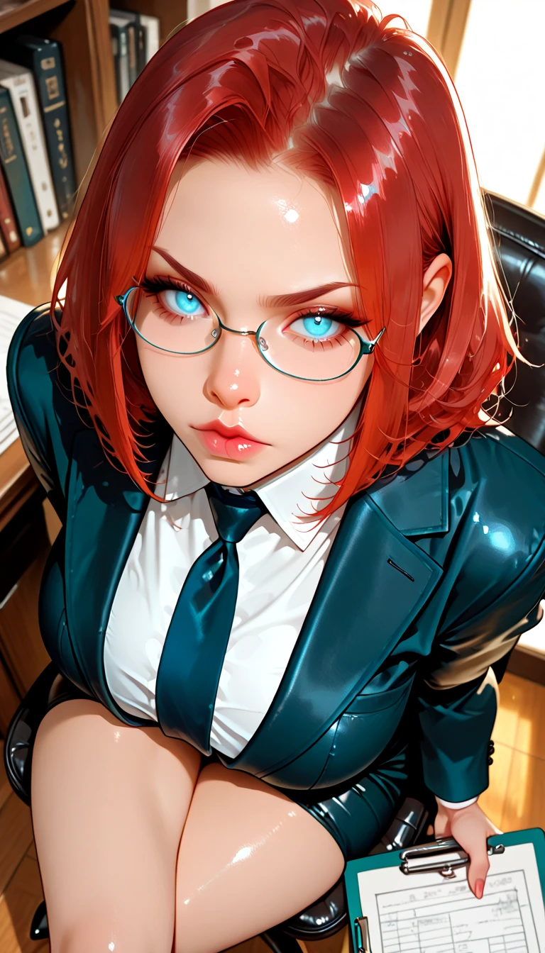 (best quality:1.3), (4k quality),(sharp image), Karin, ((Detailed face)), ((masterpiece face)),((perfect detailed eyes)) (blush), Karin, red hair, long red hair, red eyes, red lips, red lips, sly face, face with stern features, ((detailed face)), perfect face, highly detailed eyes, masterpiece, absurdres , (intricate details), (colorful),cinematic lighting, extremely detailed CG unity 8k wallpaper , 1girl, solo, mature female, erected tits, fit body, cameltoe, glasses, purple jacket, evil smile, office room, ((perfect small erected breast)), lying with spread legs and having vagina sex by penis(erected penis entering her pussy), slim fit body, nude perfect round tits, open mouth, ((penis entering her pussy))((penis in pussy))(((((PUSSY PENETRATION)))))((((PUSSY PENETRATION BY PENIS)))) from above