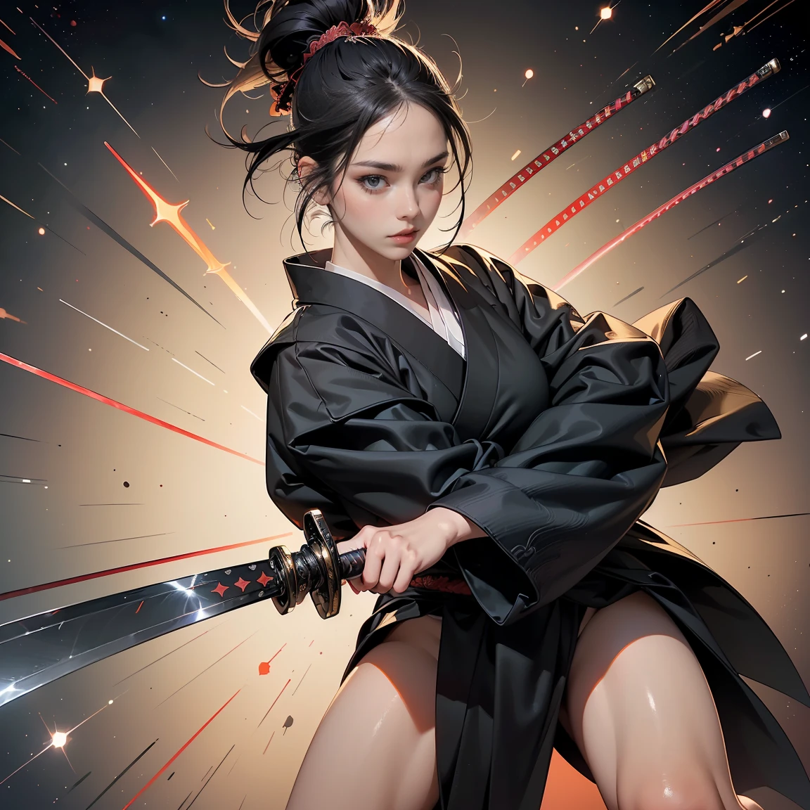 Hyperrealistic version of a woman kneeling down with a sword in her hand, very beautiful cyberpunk samurai