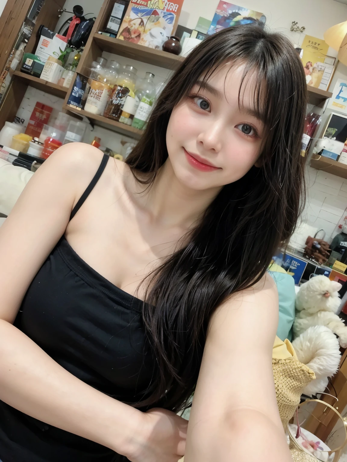 ((Midnight, Best quality, 8k, Masterpiece :1.3)), Sharp focus :1.2, A pretty woman with perfect figure :1.4, Slender abs, thigh :1.1, ((black hair, large breasts :1.2)), (tight tanktop, jeans skirt, sneakers, standing :1.2), ((night city view, rooftop:1.3)), Highly detailed face and skin texture, Detailed eyes, Double eyelid, smirk, close up view, from above