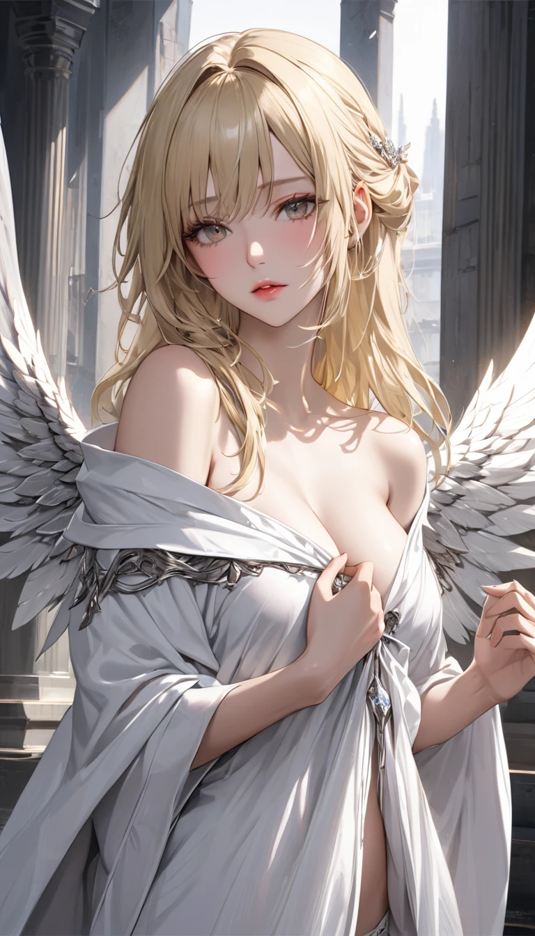 (Masterpiece), (Best quality), Photorealistic, art, sharp focus on face, full bodyesbian,
intricately detailed eyes, Perfect, Beautiful, Bare legs, Soft clothes, Fallen Angel, Crying, heartbreaking,
death, Haze lights, Heavenly, Cinematic, Background with depth, art