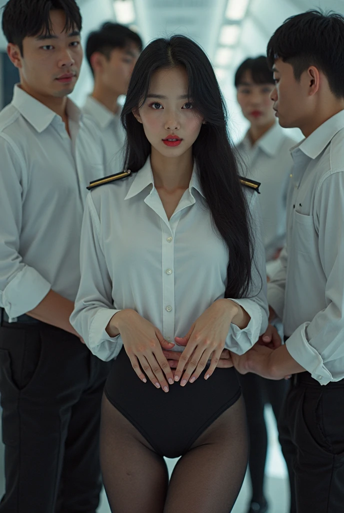(in 8K、Raw photography、Highest Quality、realisitic、Photorealsitic、Professional Lighting、masterpiece、extremely delicate and beautiful、Highly detailed、finely detail、ultra-detailliert、hight resolution、full-shot)、There were several men huddled on the plane、1girl in、One woman in a black suit、Black jacket、white shirt、a black skirt、Beautiful face:1.5、slim proportions、small tits:2、small tits、Young man in suit、Hug her from behind:1.5、Other young men flipping up skirts、I can see the white panties、Draw in clear detail whose hand it is、Pubic hair is visible、((( are visible)))、(((The nipple is visible)))、Eyes open:3、moaning in pain、feeling in pain、auw、Following the pain、moaning in pain、Pain in the face frowning、I'm looking at you、(((Cabin Crew)))、(((On the plane)))、NSFW