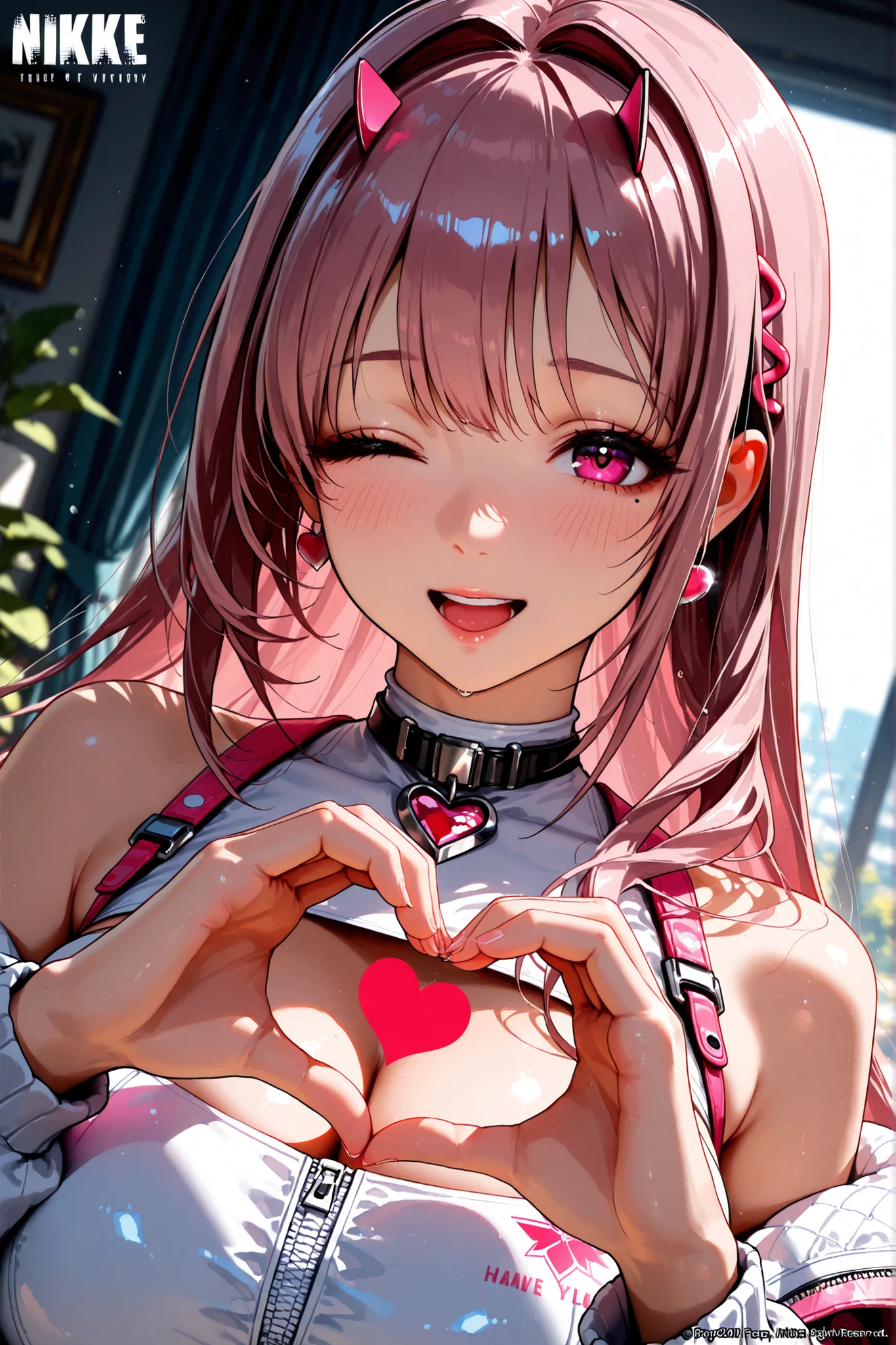Silver hair, pink eyes, body, cat ears, girl, earrings, heart background fantasy, princess, godly, hair bows, happy face, red dress
