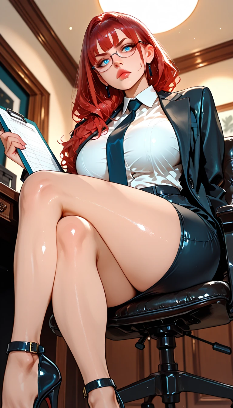 score_9, score_8_up, score_7_up, office, solo, ,1woman, 33 years old, milf, office lady, , confident, mature, masterpiece, makep, sexy, sagging breast, makeup, slutty, wide open legs, best quality, skirt, red eyes, hair between eyes, twintails, , white shirt, open shirt, cleveage, sexy smile, confident, pantyhose, red hair, pencil skirt, necktie, black high heels, orange hair, blue skirt, orange eyes, black pantyhose, NSFW, sittin on a desk, pussy, , peeing, focus pussy,