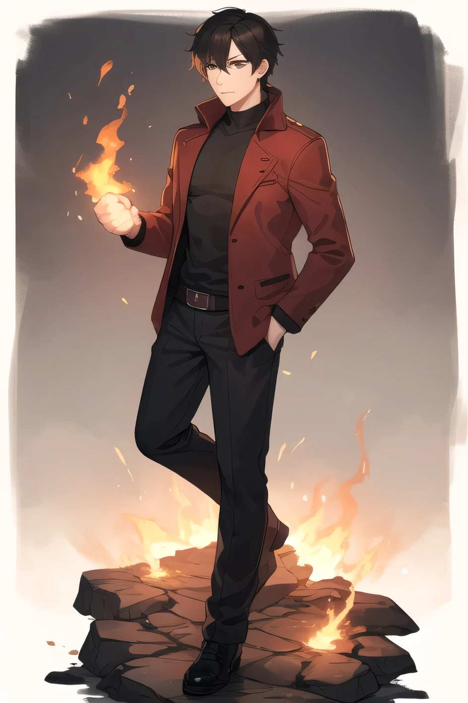 man,adult,good-looking,dark hair,Masterpiece,masterpieces,Nice ,Wearing a jacket, Leisure,Special color,Looks strong,full body,Bushy head,flame effect on fist,Fist pose,is tall,has long legs,Current fantasy