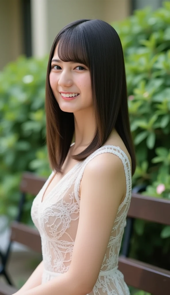 Shine a light on my face、Put your hands on your head、Please show me your armpits、lingerie、Big Breasts、Big Ass、 (Highest quality, masterpiece: 1.2), 18 year old girl in the garden, (((Realistic lighting, Highest quality, 8K, masterpiece: 1.3)), fine grain, Highest quality, masterpiece, Ultra-high resolution, RAW Photos, 1 Girl, smile, Deep Shadow, White see-through clothing,