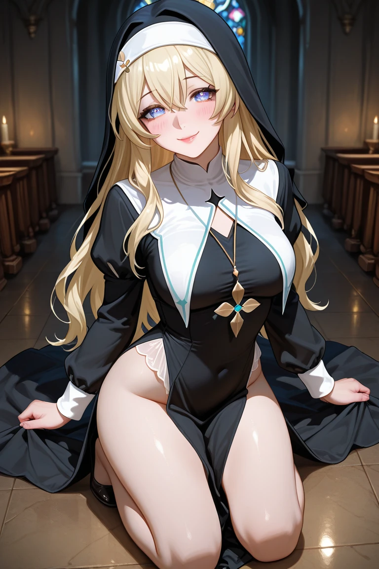 Highest quality, masterpiece, One girl, (alone:1.1), Ray Tracing, Super detailed,Detailed face, 8k 壁paper,Sitting with knees on the ground Wide hips, smile, Nuns, One girl, Blonde, Big Breasts, Long Hair,(Black Dress) Monastic clothes, blue eyes, necklace,