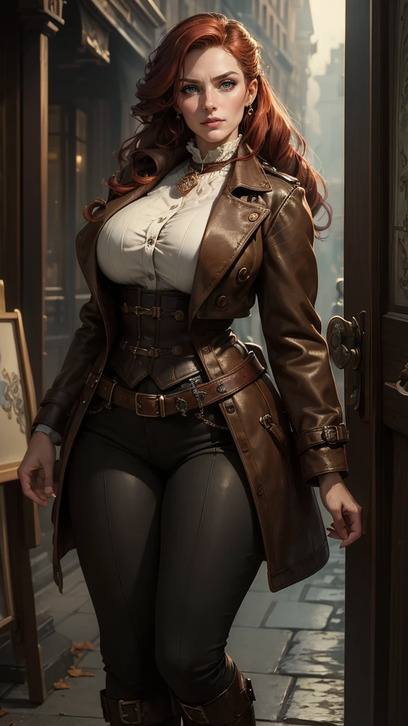 a gorgeous woman wearing a white silk shirt with a deep v neck, brown leather miniskirt, and a belt, cinched waist, dramatic lighting, photorealistic, high fashion editorial, corset, red hair, large breasts