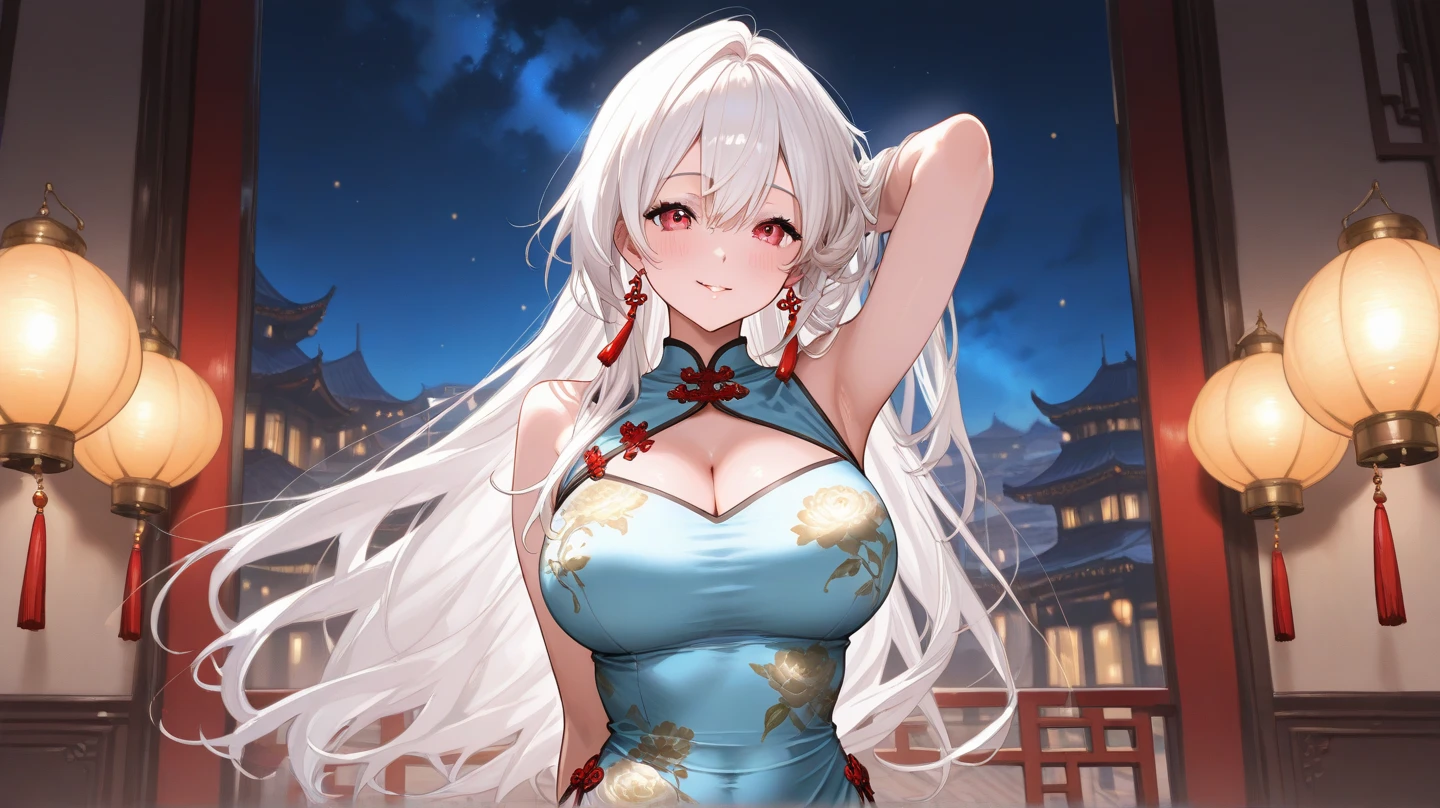 ((One personの女性)), Beautiful Face, (Laughing embarrassedly), (smirk:1.4), ((Wink:1.8)), (head tilt:1.3), Laugh with your mouth wide open, upper teeth, looking at viewer, (Doing sexy poses), ((Bright red cheeks:1.4)), Glossy Red Lips, night,Terrace with sea view, firework, Glossy red lips, Shining Face, ((Anime style background)),masterpiece, Highest quality, so beautiful,up to date, Complex details, (Pink long nails), (nail art), (ring),(bracelet),(Floral choker),AI-generated, Complex,High resolution, Highest quality, super high quality,3D Images、3D Images,One person,Long white hair,High Ponytail, Anime woman posing for a photo, (blue eyes:1.2), ((Fine grain、Light silvery white eyes、Shining Eyes:1.3)), (Squint your eyes:1.1),a hyperRealistic , hyperRealistic , Realistic,Anime woman with long white hair, Smooth anime CG art, (A woman in a colorful kimono with gold embroidery), (Black long sleeve kimono),Red floral pattern,Long flower hair ornament,Earrings,Mature Body,(Big Breasts:1.1),Tall,Abdominal muscles,Tight waist, (face focus:1.1), (dutch angle:1.3),