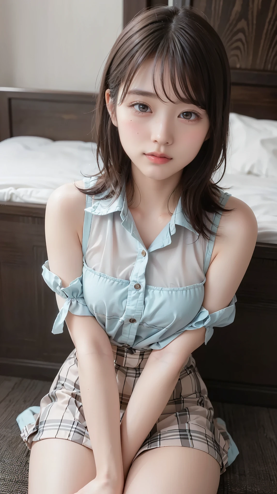 masterpiece, Best Quality, Illustration, Super Detailed, Fine Details, high resolution, 8k,Wallpaper, Perfect Dynamic Composition,(detailed high quality, eyes:1.3), lying on a bed, short hair, (Wave Hair:1.2), high school classroom、High School Girl Uniform、super mini check uniform skirt that boldly stretches both legs、Colossal 、Disturbed Uniforms, big , dark haired, Big Natural Colored Lips, Bold and sexy pose, Slightly Crying、Harajuku style、20 Year Old Girl、cute type、ta、hotel room, sexy shot, Makeup, (on your back on a rocking horse, sleeps in bed), ((shot from above)),((Lying on his back, angle looking down 上記)),((looking up at the audience))