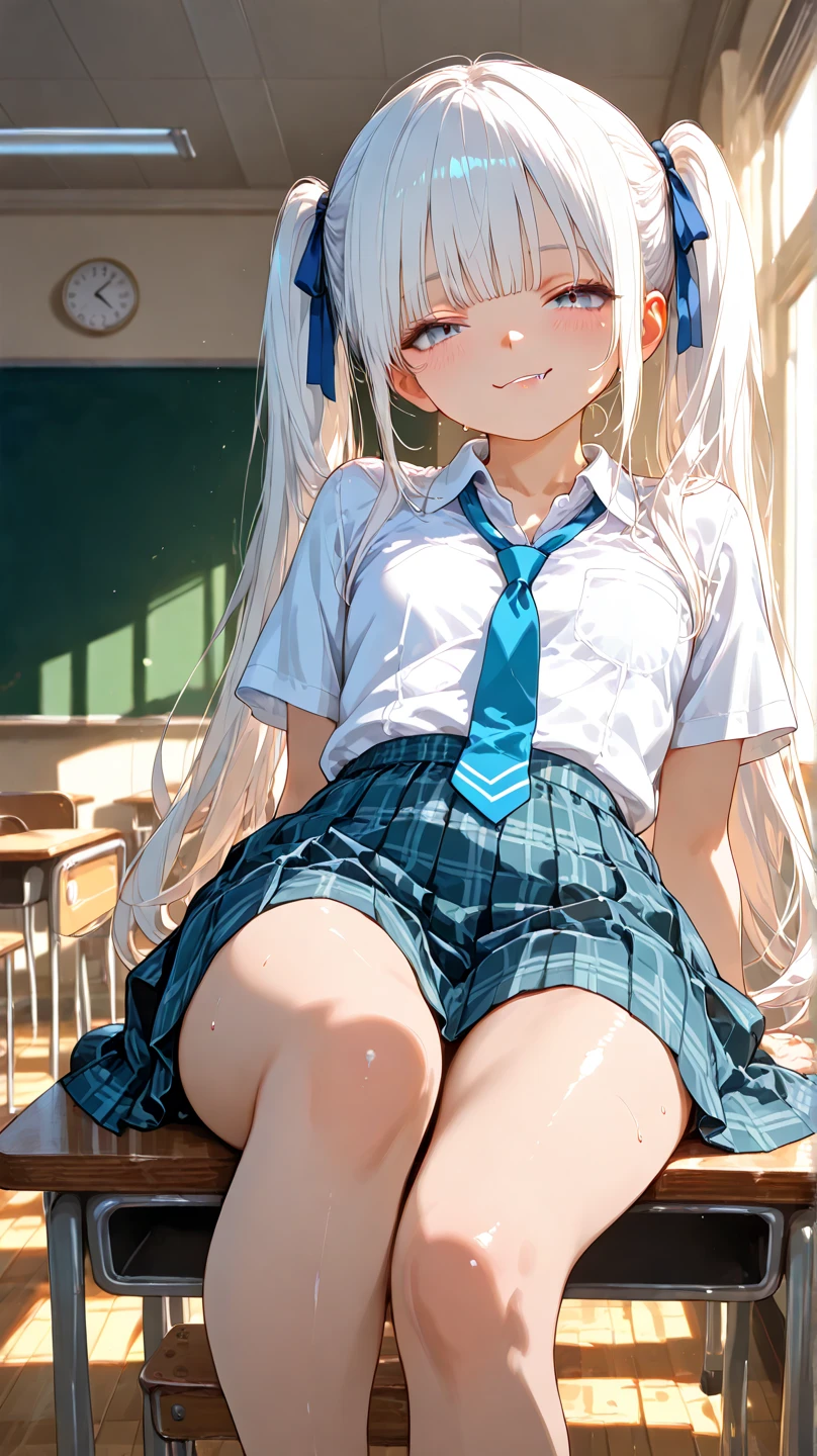 casual dress, 20-year-old, tilt the head, classroom, Realistic, Fantasy Art, 8K, masterpiece, highest quality, Beautiful expression, full body, 1girl, 1 Screen View, arched back, Keep hips forward, hands on floor, girl sitting, Sunburned skin, wet with sweat, Shiny natural skin texture, wet pussy, pale pussy, Fine eyes, detailed eyes, pleased, grin, blush, nose blush, long hair, natural wave hair, white hair, flower hair ornament, (No underwear:1.5), (nsfw:1.2), (from below:1.1), (squatt:1.2), (see through:1.5), (puffynipple:1.1), (small-boob:1.2), (tiny titties:1.4), (puffy pussy lips:1.1), (Beautiful Face:1.3), (braid:0.7)
