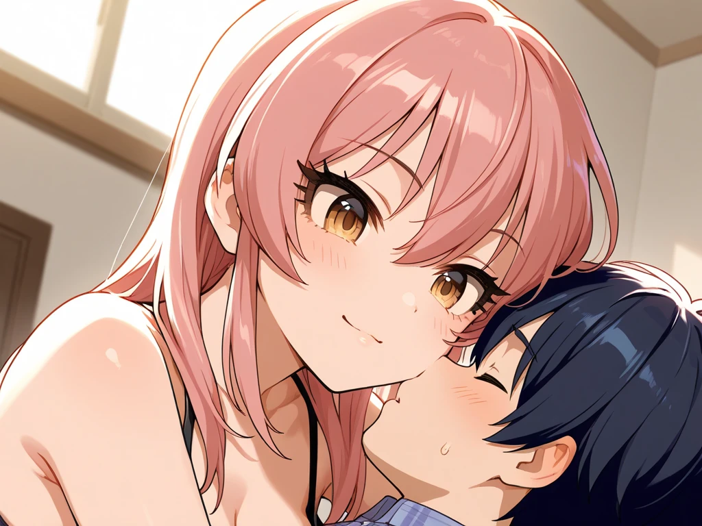 Generate an image of Honami Mochizuki from Project Sekai. She is a high school student with long, straight hair in a rosy brown color.,with a slight curl. Her side hair is shorter and also slightly curled. She has straight-cut bangs, that frame her forehead. Often, has big, gentle blue eyes and a warm, friendly expression. blunt bangs,nsfw, (top less),steam,full breasts,1 boy,penis,fellatio,1 girl, tongue licking,side view,from side,cum to mouth,cum