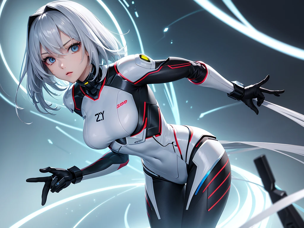 (8K, Best Quality, Masterpiece: 1.2), High Detail, Masterpiece, Ultra Detailed, Solo, 1Girl, (White: 1.5), (Delicate Eyes), ((Gray Hair)), Plugsuit, 1Girl, star_\(sky), short_hair, starry_sky, Bodysuit, ayanami_rei, Solo, night_sky, red_eyes, red_background, breasts, white_bodysuit, pilot_suit, lance_of_longinus, bangs, light_particles, ((triangular psychic devices on both sides of the head)), souryuu_asuka_langley, taut_clothes, mid-chest, bokeh, mechanical technology clothes, The small logo pattern on the chest is zero and sexy