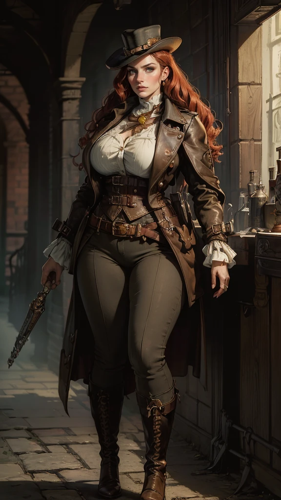 "Complete art masterpiece, high quality, ultra detailed in 4k, 8k, high resolution, hyper-realistic photo, hyper-detailed, realistic skin texture, amazing shadows, extremely detailed texture, perfect lighting, high-level image quality." A woman protagonist of a steam punk game, Fair skin, blond hair, outlined eyes, outlined face, bracelet, Full body, Nice leather clothes, steam punk dirty city on back