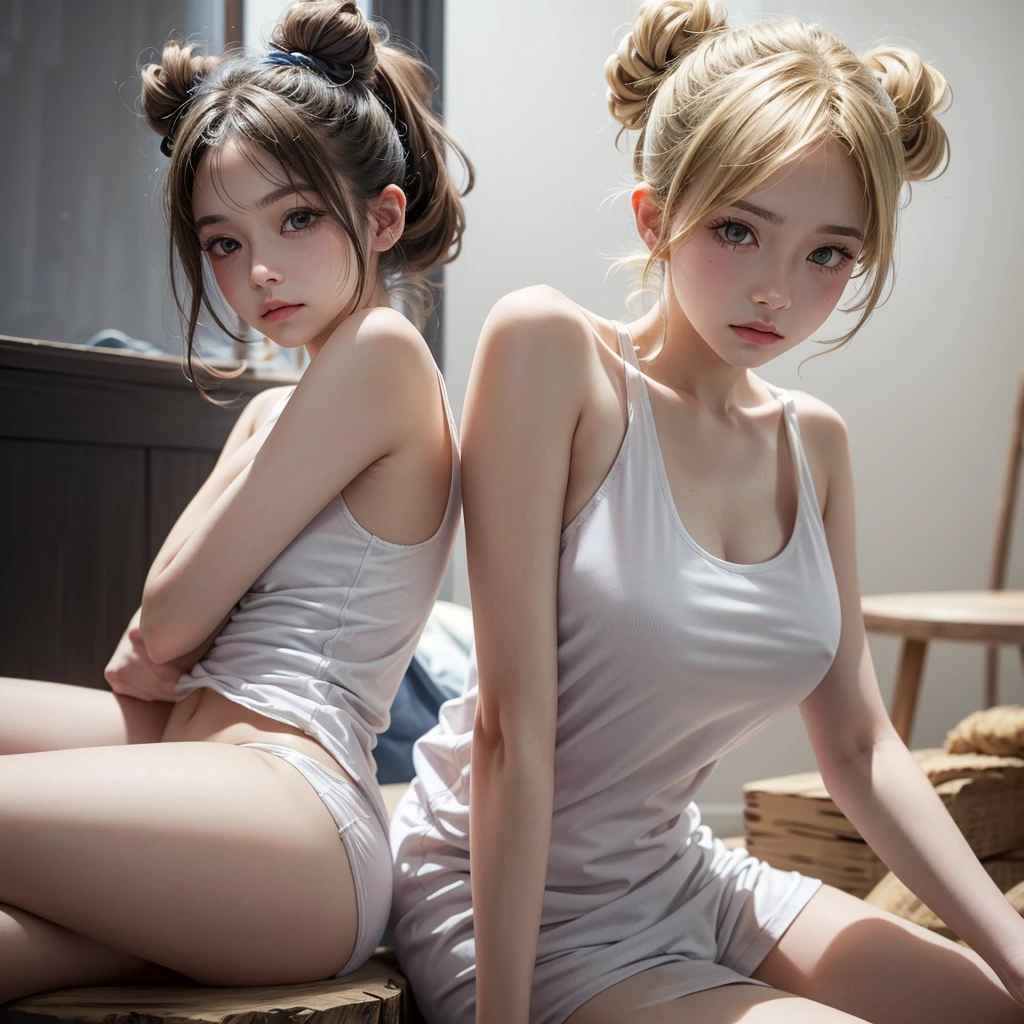 (photorealistic, extreme detail, perfect eyes, 8k, well lit faces, soft lighting) portrait of 2 japanese girls standing in bedroom, holding hands, full body view, looking at viewer, showing off big ass, blonde hair, pigtails, tank top, high socks, cleavage, low cut tops, big hips,