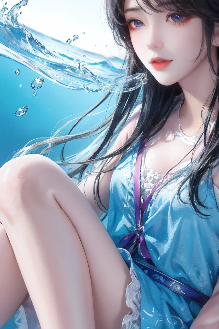 Stunning and beautiful Japanese girl with black hair submerged in crystal clear water, hyper-realistic digital painting, soft and natural lighting, 8k, depth of field, soft light, Nikon Z9, 85mm, f/1.8, award-winning photography, clear detailed, high quality