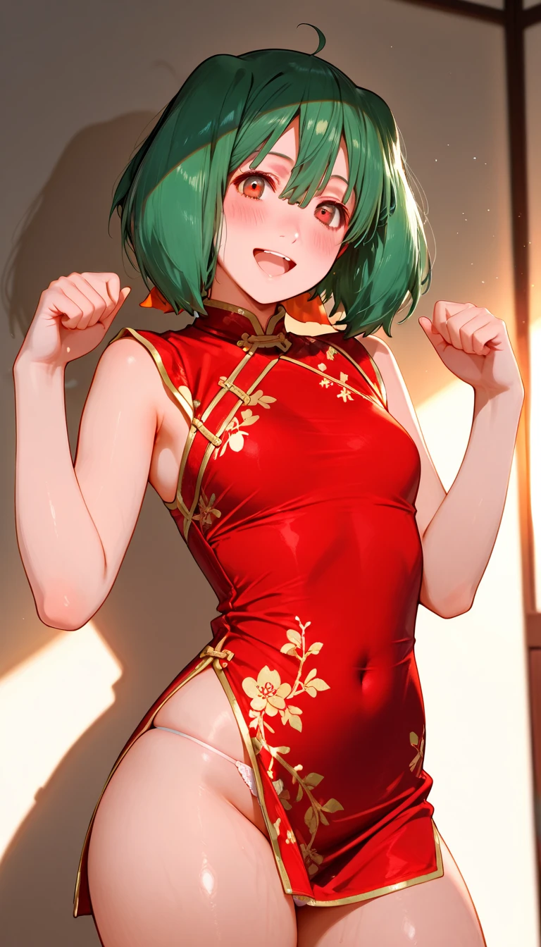 (Best Quality、masutepiece)、1 Women、plump body、Erotic、Fold your hands behind your head 、Red Long Cheongsam、side slits、Colossal breasts、Big ass、shinny skin、Double bun、Green eyes、Green hair、short-hair、thighs thighs thighs thighs