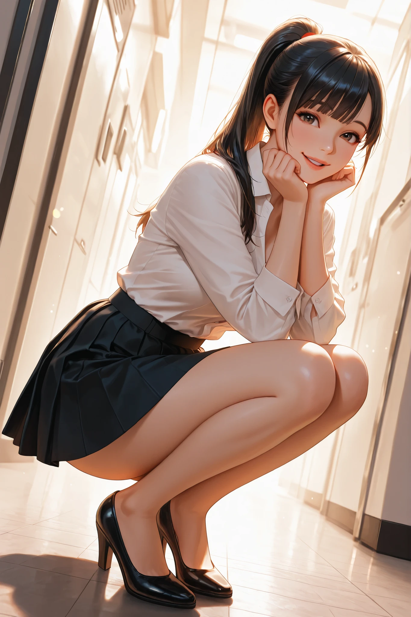 巨作、最好质量、1girl in、Young girl、Brown-eyed、shorth hair、Happy smiling face、shinny skin、(Nice leg line:1.3)、thin-waist、huge breasts
BREAK
school uniform、necktie、(pencil skirts)、high heels
break
(((Dirty room))),depth of field,watch audience,squatting down,from behind and be,Upper body body,Sexy legs、((((nights)))).