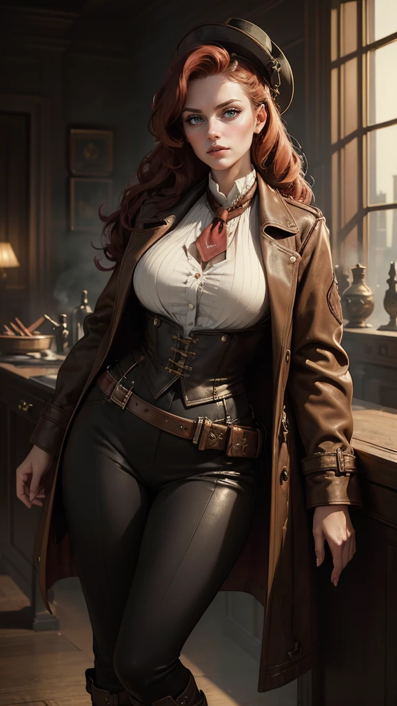woman wearing suspenders and miniskirt, leather, straps, buckles, steampunk, open leather duster, red hair