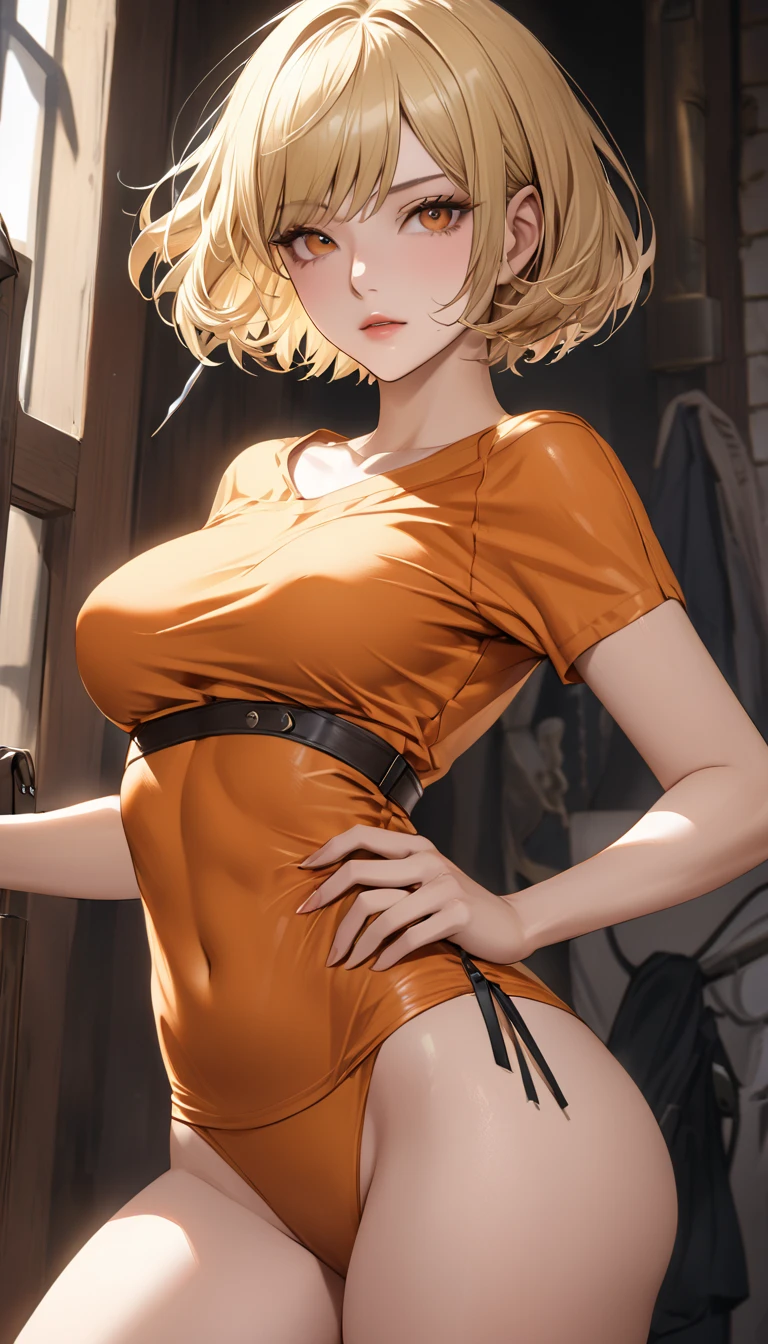 Ashley Graham cute girl re4,highest quality, masterpiece, ultra high resolution, (realistic: 1.4), , 1 girl, off shoulder, cinematic lighting, huge tits nude , heterochromia, blonde hair long ,