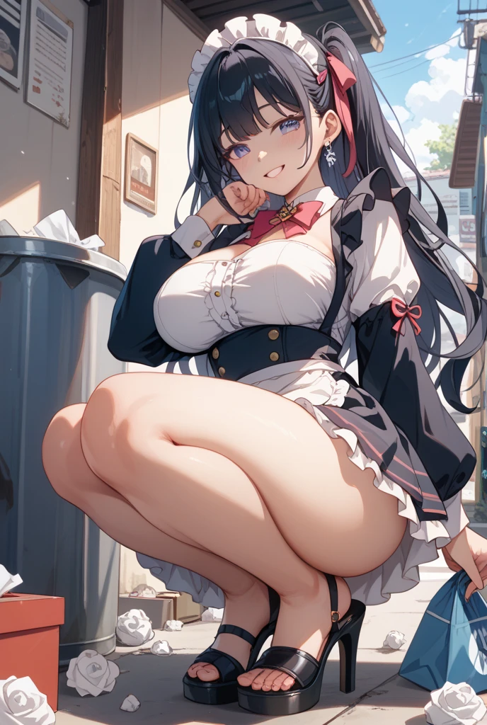 Hentai、Highest quality、A short, chubby, busty high school girl spreads her legs wide open on a Western-style toilet、Shibuya Rin、Perfect proportions、Overwhelmingly large breasts、Big areola、Beautiful sparkling eyes、Blushed、smile、Cowboy Shot