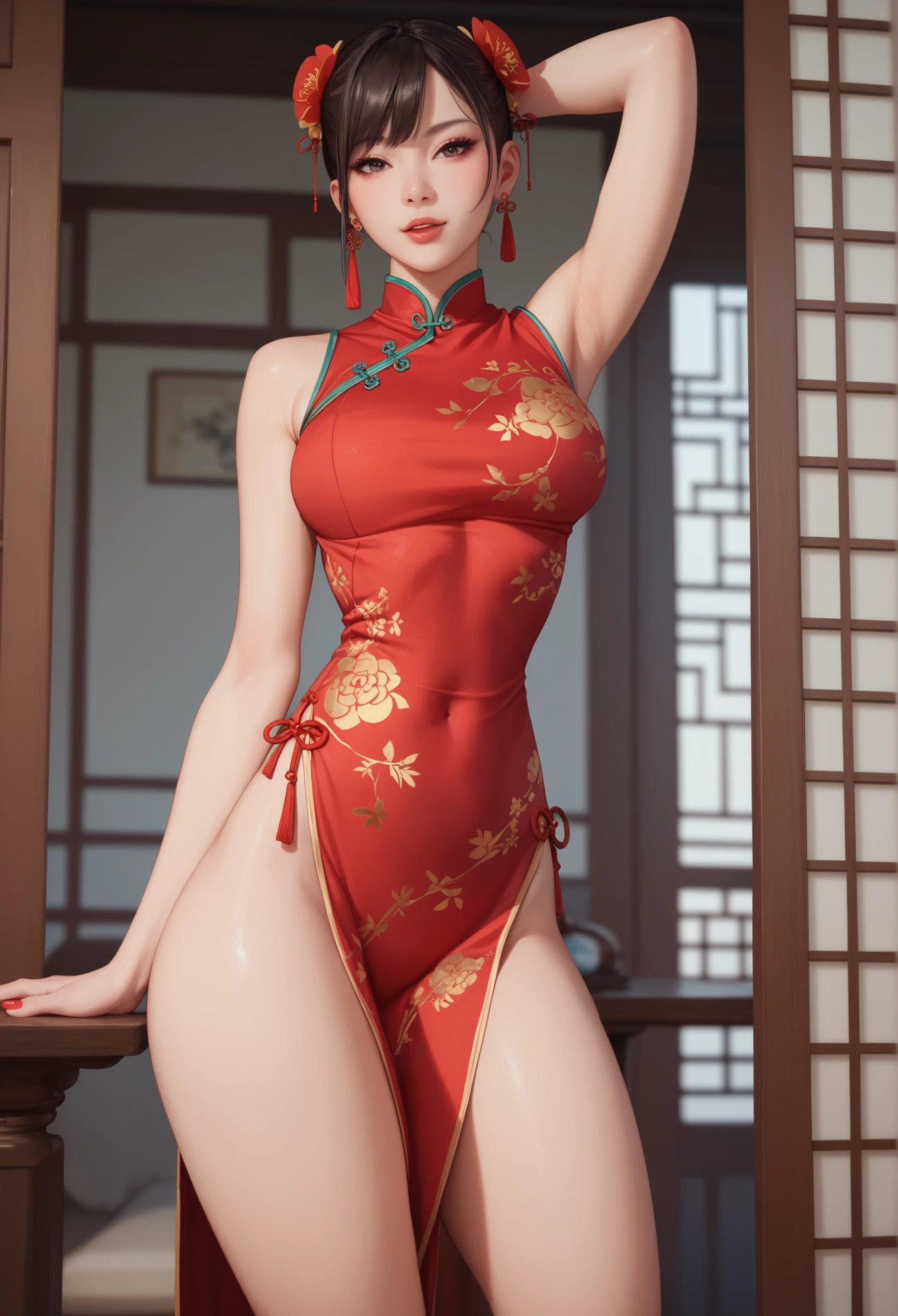 Genshin Yura was naked,Ridiculous without clothes,(tmasterpiece、top-quality、8K ),intricately details,ultra - detailed、one-girl、A slight smil、(beautiful countenance、Long lashes、slender eyes、Hanging,glossy lips:1.4),((double bun hair:1.4)),((Red cheongsam、side split:1.4)),(Radiant fair skin:1.3)),thighs thighs thighs thighs,Traditional Chinese Style Room、Ultra photo realsisim,Perfect anatomy