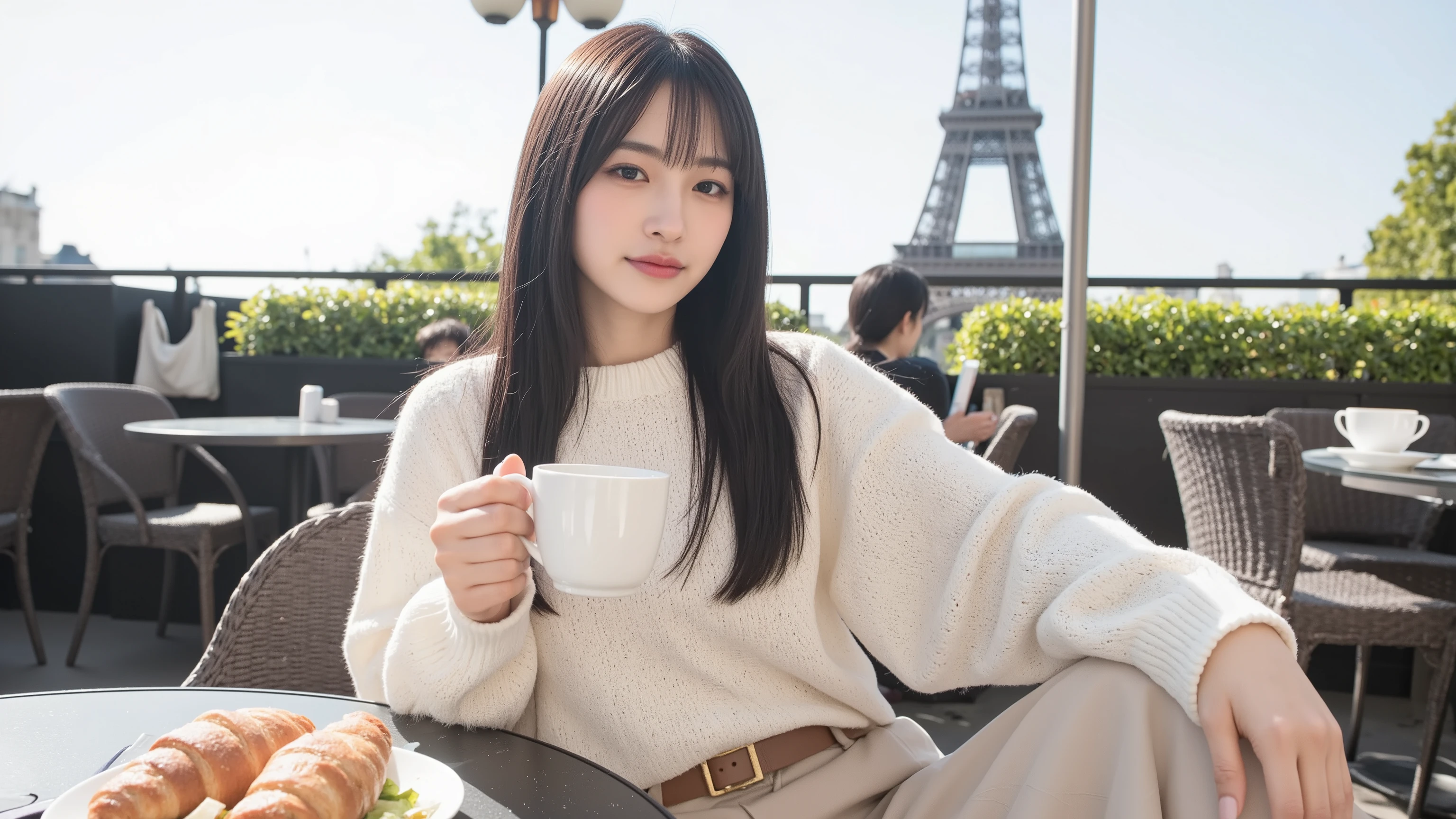 A stunning Korean woman in her mid-20s, with long straight black hair, side-parted without bangs, clear glowing skin, soft natural makeup, slightly glossy lips, and subtle eyeliner. She has a smart, elegant look with expressive eyes and a confident yet friendly aura. Her facial features are symmetrical, with a defined jawline and soft cheekbones. She is wearing a cream knit top and beige high-waist slacks — a casual luxury style. The overall look is minimal, classy, and camera-ready. Ideal for high-end influencer branding.
She is sitting at a chic outdoor cafe terrace in Paris, enjoying a brunch with croissants, coffee, and a small salad. The Eiffel Tower is clearly visible in the background, slightly out of focus. The scene is lit by soft morning sunlight, with a gentle breeze moving her hair slightly. The mood is elegant, cinematic, and realistic — a perfect blend of lifestyle and luxury branding. 16:9 framing, photorealistic, cinematic lighting.