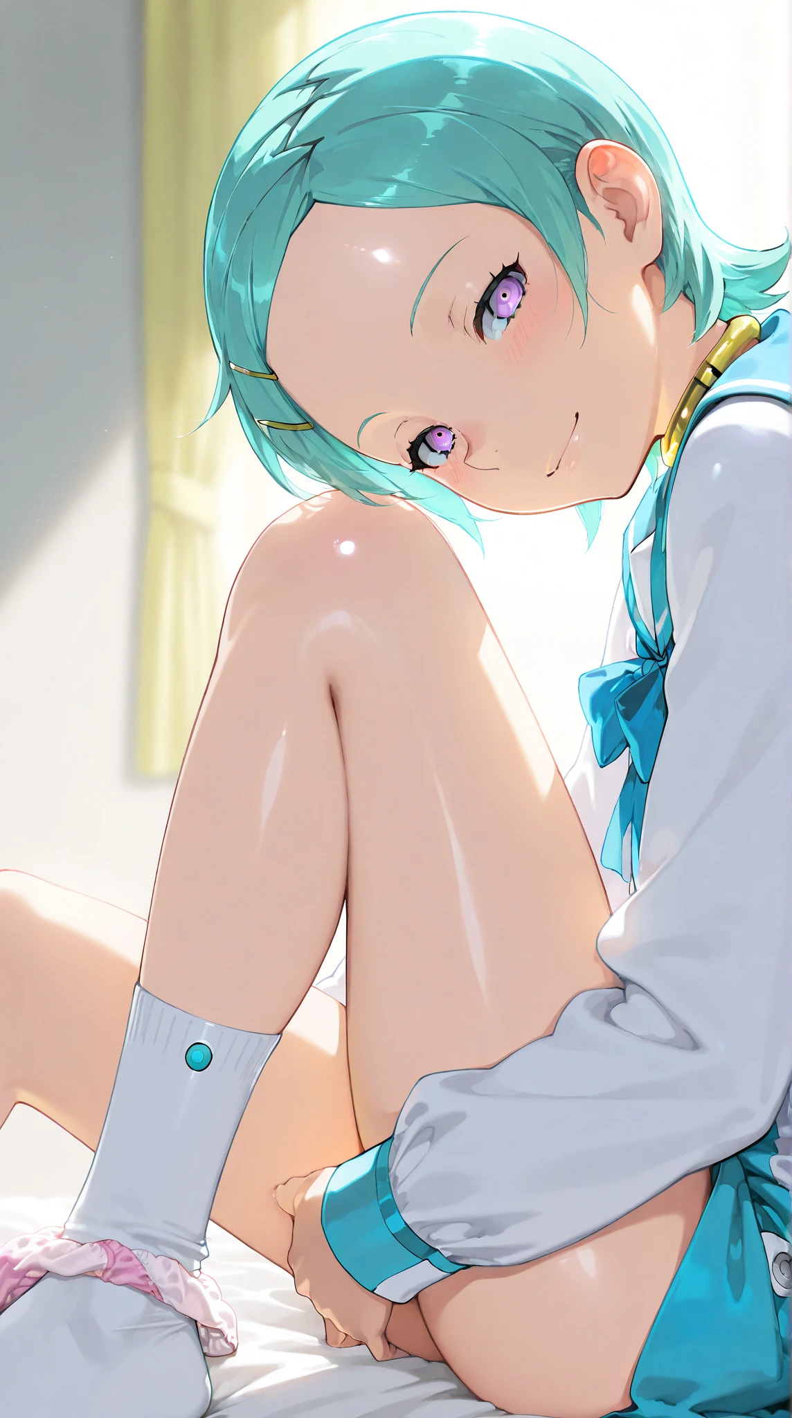 1 girl, cute, young, green hair, bob haircut, green eyes, sailor uniform, thigh high, {{{{{{{{excessive cum}}}}}}}}, bukkake,