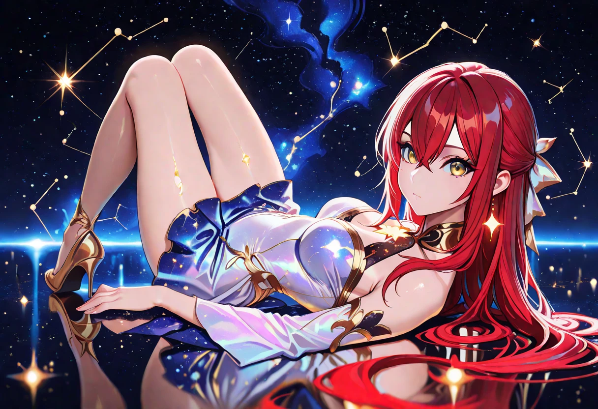 Estrelas, (Onze), (rainbow hair), (A beautiful girl lying on top of her arm, Stretched out on the floor), (Accessories), ((roupas vermelhas)), (vestimenta vermelha), (com estrelas ao redor da garota) (rosto ultra detalhado), (((rainbow hair))), (((rainbow hair))), (((rainbow hair))), (olhos detalhados), (pupila loira), (pupila amarela), ((olhos amarelos)), (((large eyelashes))), ((Tira Reta)), ((Tira Reta)), ((Tira Reta)), ((rainbow colored hair)), ((Onze)), corpo de mulher madura, (seios grandes), (quadril largo), mulher adulta, ((ornamento no cabelo), exibindo figura delicada e curvas graciosas, Ethereal, celestial, galaxy, estrelas, cosmic enlightenment, fotografia de estilo sonhador, super detalhado, ((roupas vermelhas)), nebula, thunders, Estrelas
