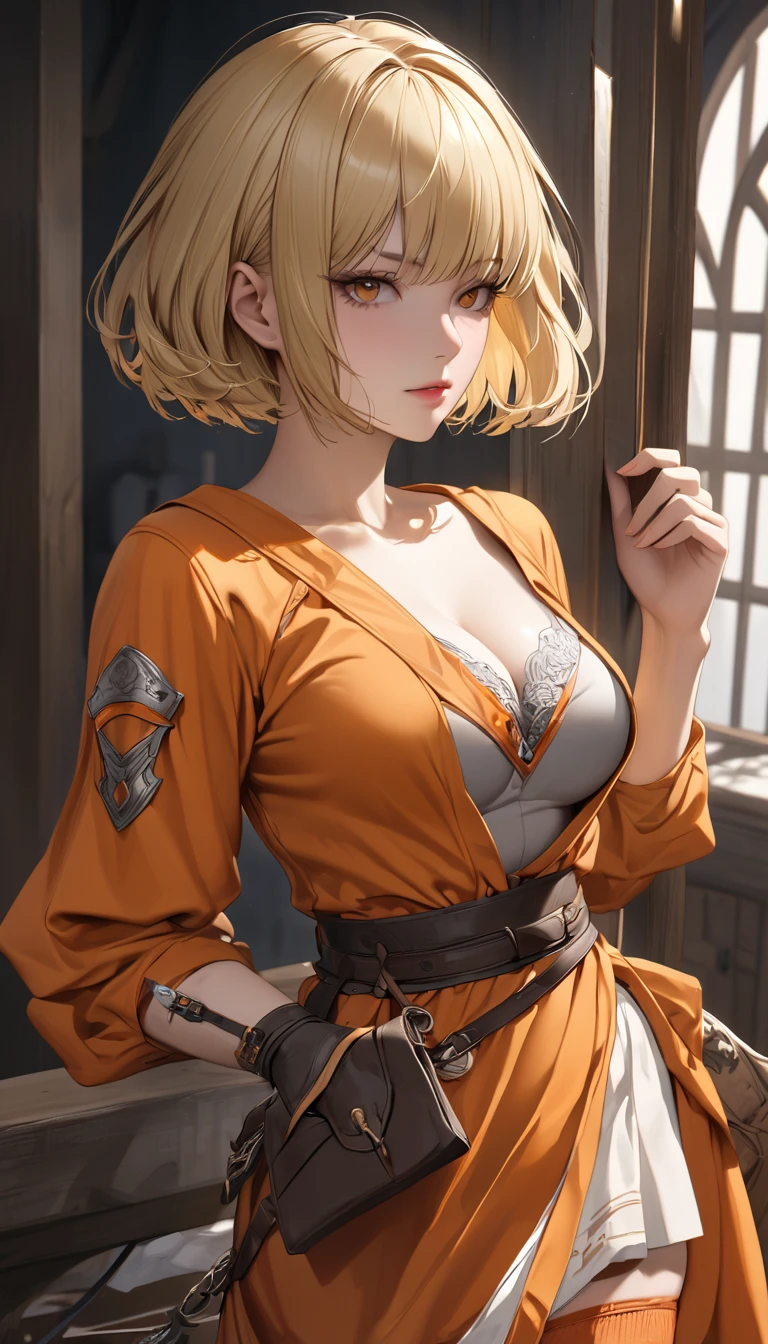 (finely detailed beautiful eyes and detailed face,masterpiece sidelighting,masterpiece,best quality,detailed,high resolution illustration),
(fantasy background,village,night,dark)
(1girl,whole body,bishoujo,lustrous skin,looking down,looking at viewer),
(rogue,assasin,robe,knife,yellow hair,short hair,blue eyes,pants,underboob)
