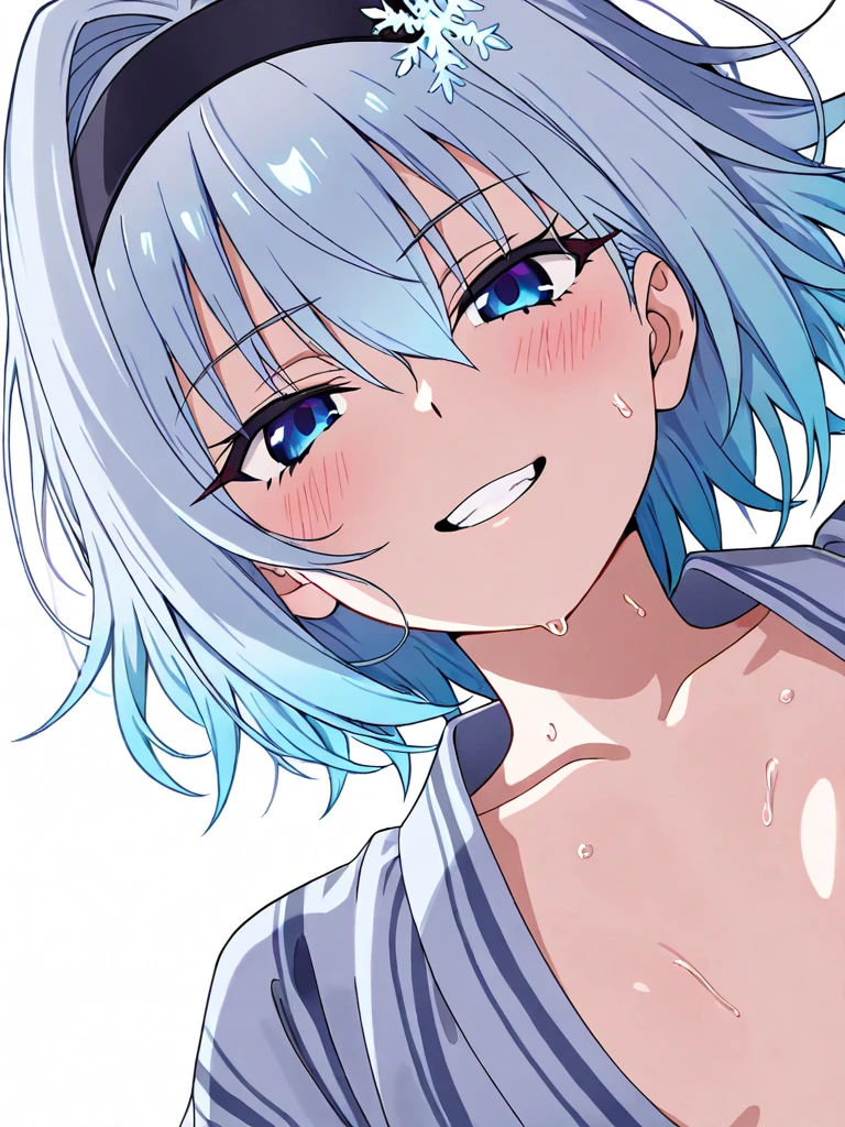 (musterpiece), (best quality), (score_9, score_8_up, score_7_up), very detailed eyes, expressive eyes, perfect face, very detailed face, highly detailed face, beautiful girl, 8K, beautiful girl, (white background:1.3), delicate and beautiful face and eyes, dark intense shadow, 1 girl, solo, vtuber style, cool girl, hololive, vtuber, amane kanata, multicolored hair, grey hair, short hair, purple eyes, messy kimono, off the shoulders, Healthy slim body, flat chest, soft chest, cleavage, clavicle, cameltoe, hiny Oiled Skin, half-closed eyes, wet hair, wet body, ass visible through thighs, (whole body), drinking sake, sitting, look up, smile, blush, tipsy, from below, pov chest,