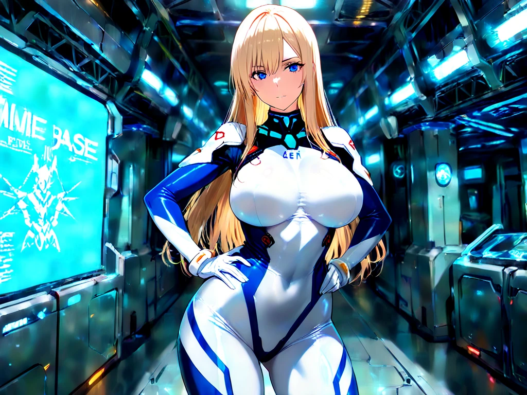 1girl, (Blue Eyes), (smiling :1.2), (Sana Minatozaki), wide hips, Big , big ass, (Best Quality, 8k, Masterpiece: 1.3), Clear Focus: 1.2, Perfect Body Beauty: 1.4, strong abs, Highly detailed face and skin texture, detailed eyes, double eyelids, (blond long straight hair :1.2), white cyber suit, futuristic suit, (cyber bodysuit :1.3), standing, dynamic pose, (in the command center of a futuristic ship :1.2), window with galaxy in the background :1.4