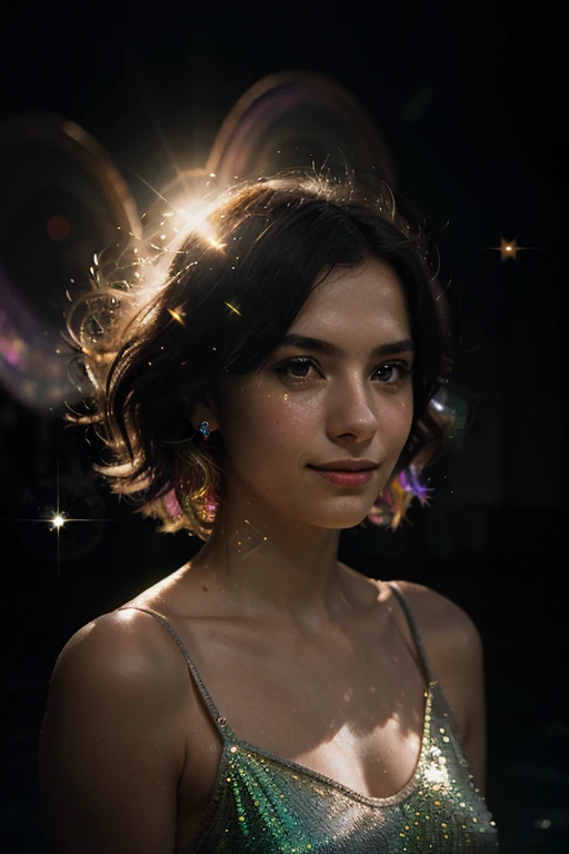1girl, smile, iridescence, dramatic angle, space, (floating colorful sparkles:1.3), Dramatic Lighting, Chiaroscuro, Evocative Depth