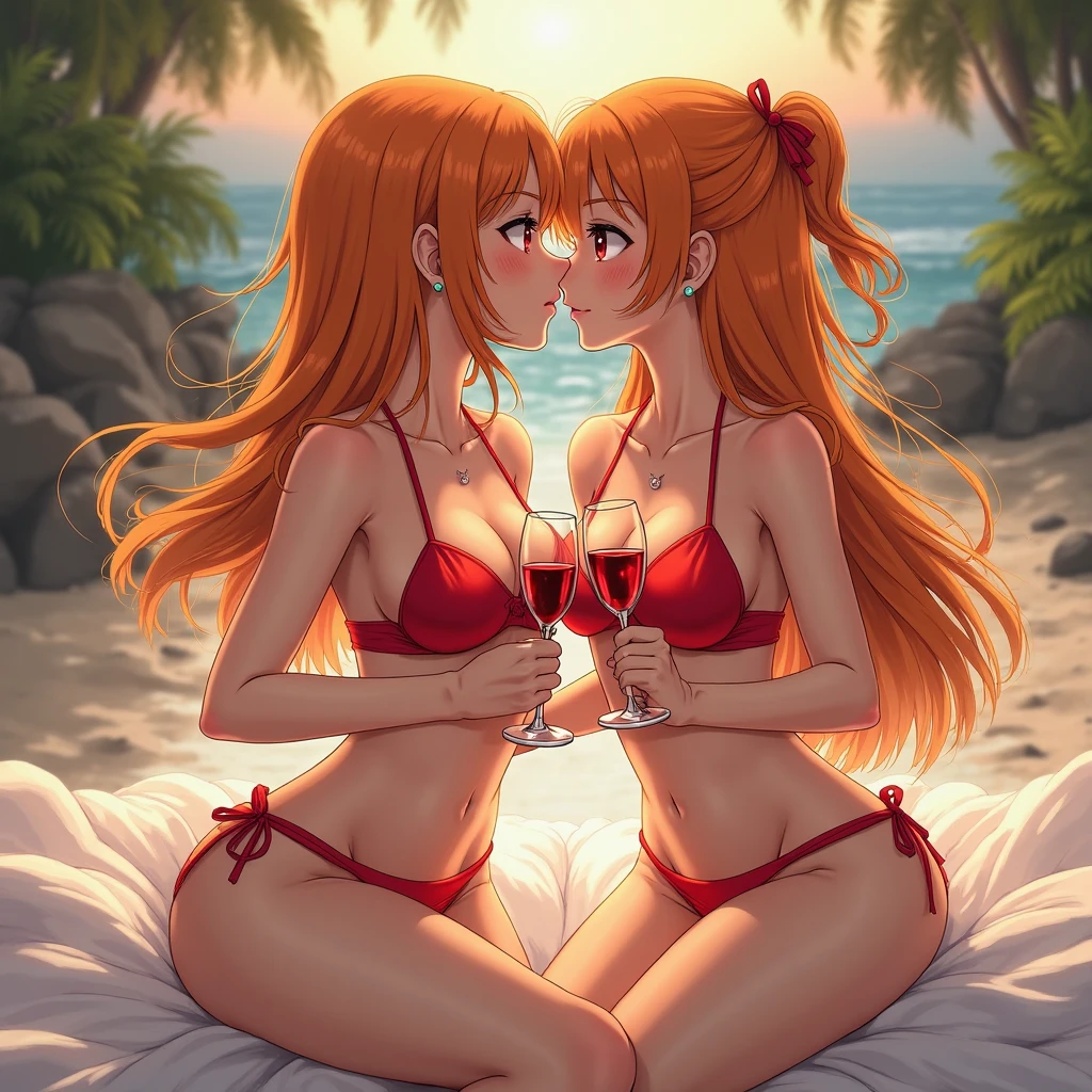 nobara kugisaki,rias gremory,nude,beach, large breasts,red nails, white heels,sexy, 2female, multiple characters,2 characters, choker, smiling,horny, masterpiece,choker,looking at each other,high res,high quality , detailed face, detailed eyes,messy hair,french kiss, detailed hair,closed eyes