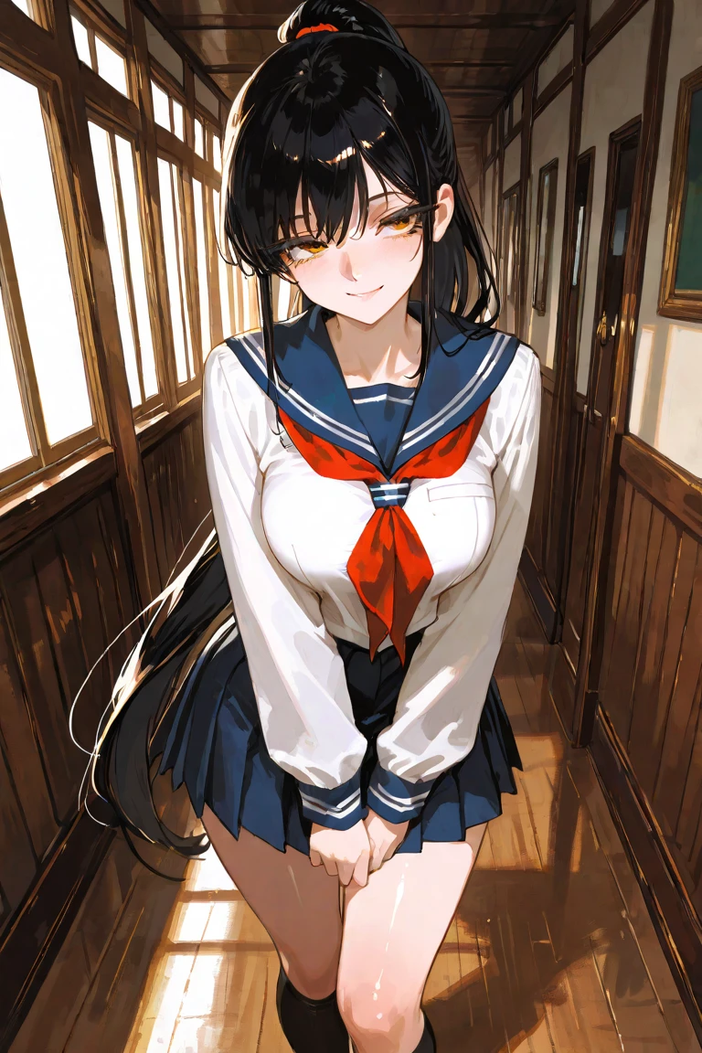 (Highly detailed CG unity 8k), (highest quality),(very detailed),(ultra high resolution), 1 female, white cloth gag, uniform, sailor suit, rope bondage, breasts rope bondage, hands back rope bondage, leg rope bondage, thigh rope bondage, bust rope bondage, feet rope bondage, Arms behind the waist, bound wrists, shackles the ankles, gag with a white cloth, Dark blue skirt, black hair, BDSM,
