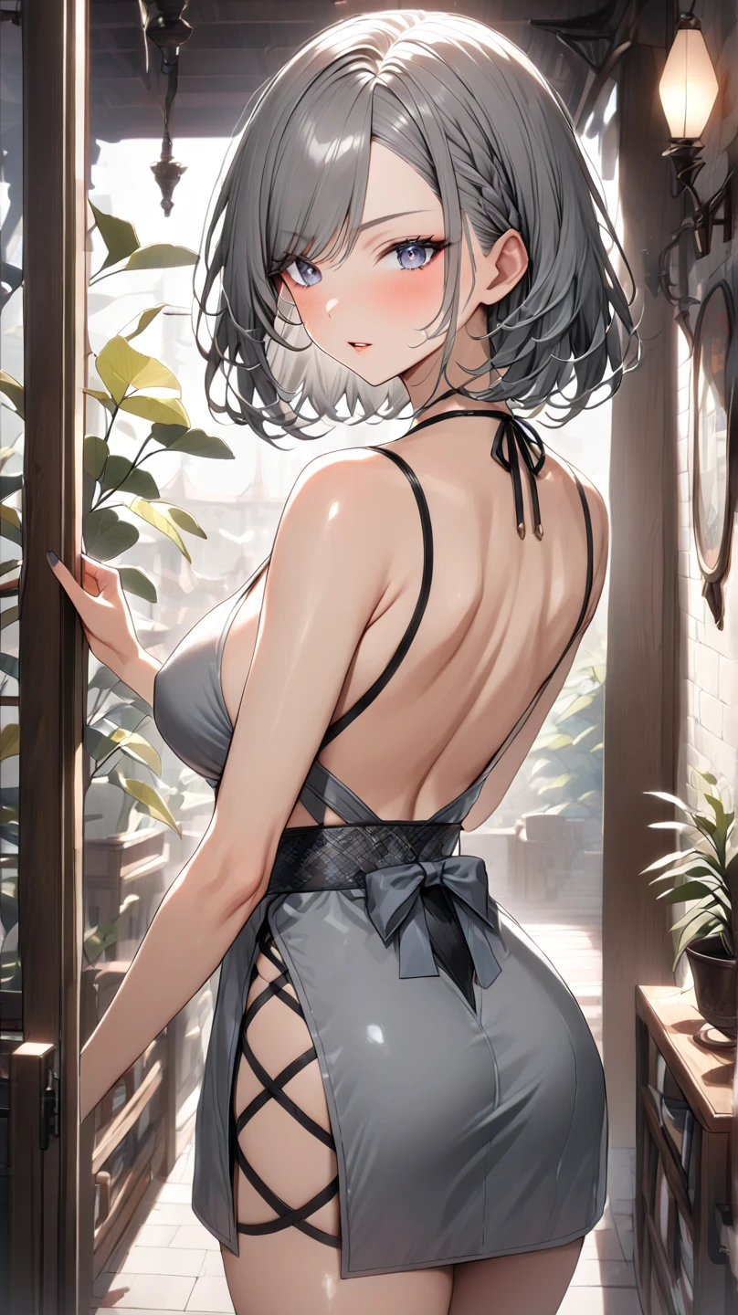 (A masterpiece of image quality in 8K),(from below:1.2),(Beautiful Allafed Woman),(((emphasizing breasts:1.0))),(Dynamic angles),(Dynamic and sexy bending pose:1.3),(sit a chair:1.3),(Short hair in shiny silver and orange inner colors,(perky chest:1.1), (pointed chest:1.3),small full breasts,Disturbance of clothing due to movement,breast slip,(Ponytail twisted buns adorned with elaborate braids and beads,Braided Setup Fishbone Hair,),(see-through bangs),small breasts、(((A white lace apron that shows your bare skin from under your small breasts)))、Blush with embarrassment、Enraptured eyes、A smile that beguiles the viewer、(Look back:1.2)、Look into the photographer,skin glistening with sweat,gazing at viewer,,(Professional Lighting),(8K,masutepiece,top-quality,Ultra-high resolution output image,),(Ultra HD with complex detail image modes),depth of fields,Beautiful hands,Beautiful fingers,Detailed finger features,(Detailed hair features:1.7),detailed facial features,detailed clothes features,
