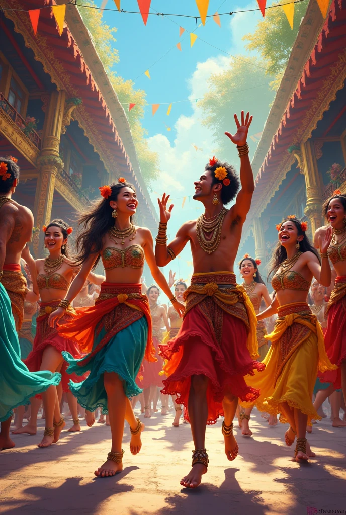 踊るIndian:100 people,indian movie style,sea background,dance in the shallows,splash of water,dancing water droplets,Looks like a lot of fun,A landscape where you can almost hear the music,feel the rhythm,smile,Indian,dance together,Happy,rendering,unreal engine,beautiful light and shadow,Photoreal,realistic texture,flash,Let me'dance together,super exciting scene,intricate details