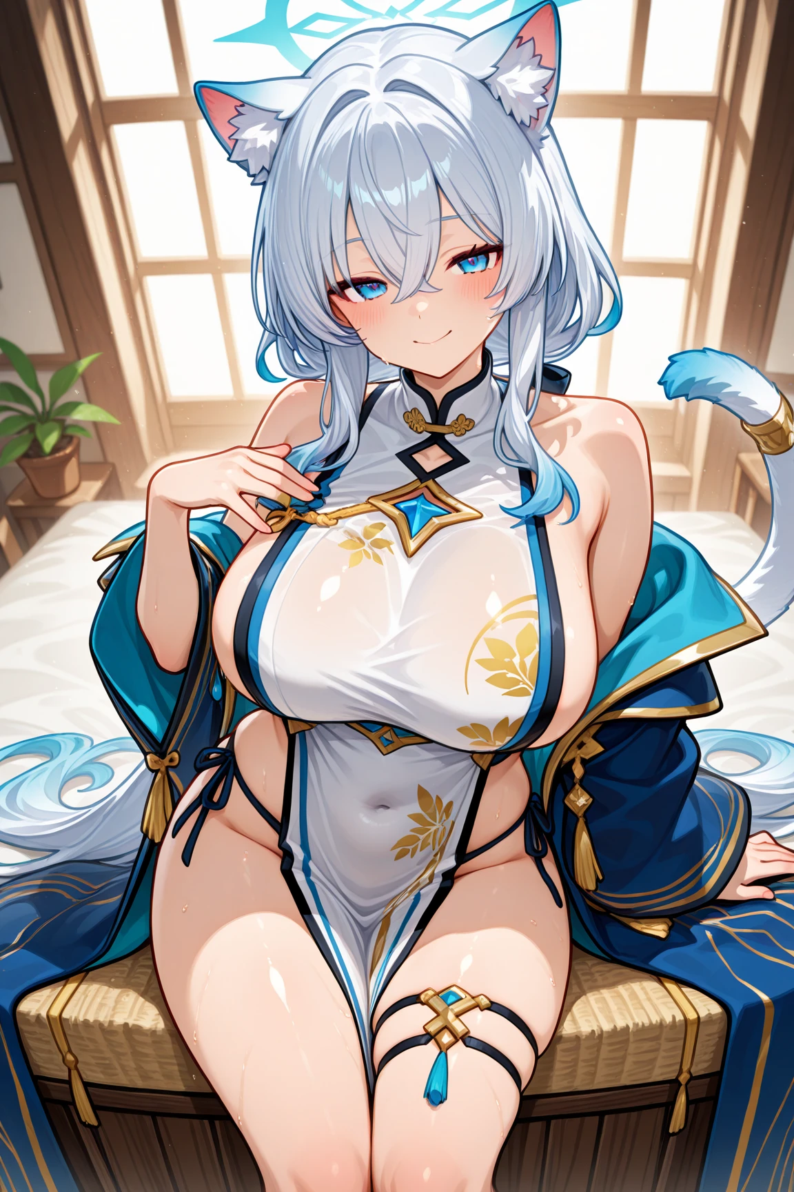 Long Hair, Light Blue Hair, Yellow Eyes, Heart pupils, bare shoulder, Fox Ears, 9 Tails, Big Boobs, Wearing Yukata, Nighttime, Wearing Black Gloves, Inside a house