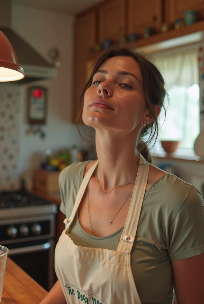 score_8_up, score_7_up, pov selfie, portrait of beautiful woman in white apron, seductive smile, bare shoulders, short black bob hair, kitchen, window, steam, <lora:sxz-finnstark-smol-pdxl:0.8> finnstark style, realistic