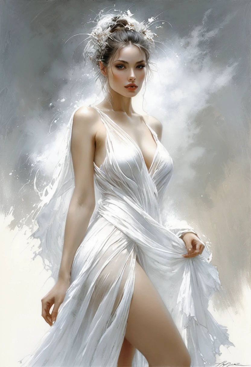 A girl of stunning beauty attracts all eyes with her seductive appearance. Her rosy skin and blonde hair frame her angelic face. Her piercing green eyes emanate sensuality and mystery. With a sculptural body, she displays large breasts and protruding, along with a voluptuous, shapely ass. Her nails, with extensions, are painted pink, adding a touch of femininity and elegance. The voluminous lips, as if performing lip filling, enhance her irresistible mouth. White marble sculpture with precise details and smooth curves