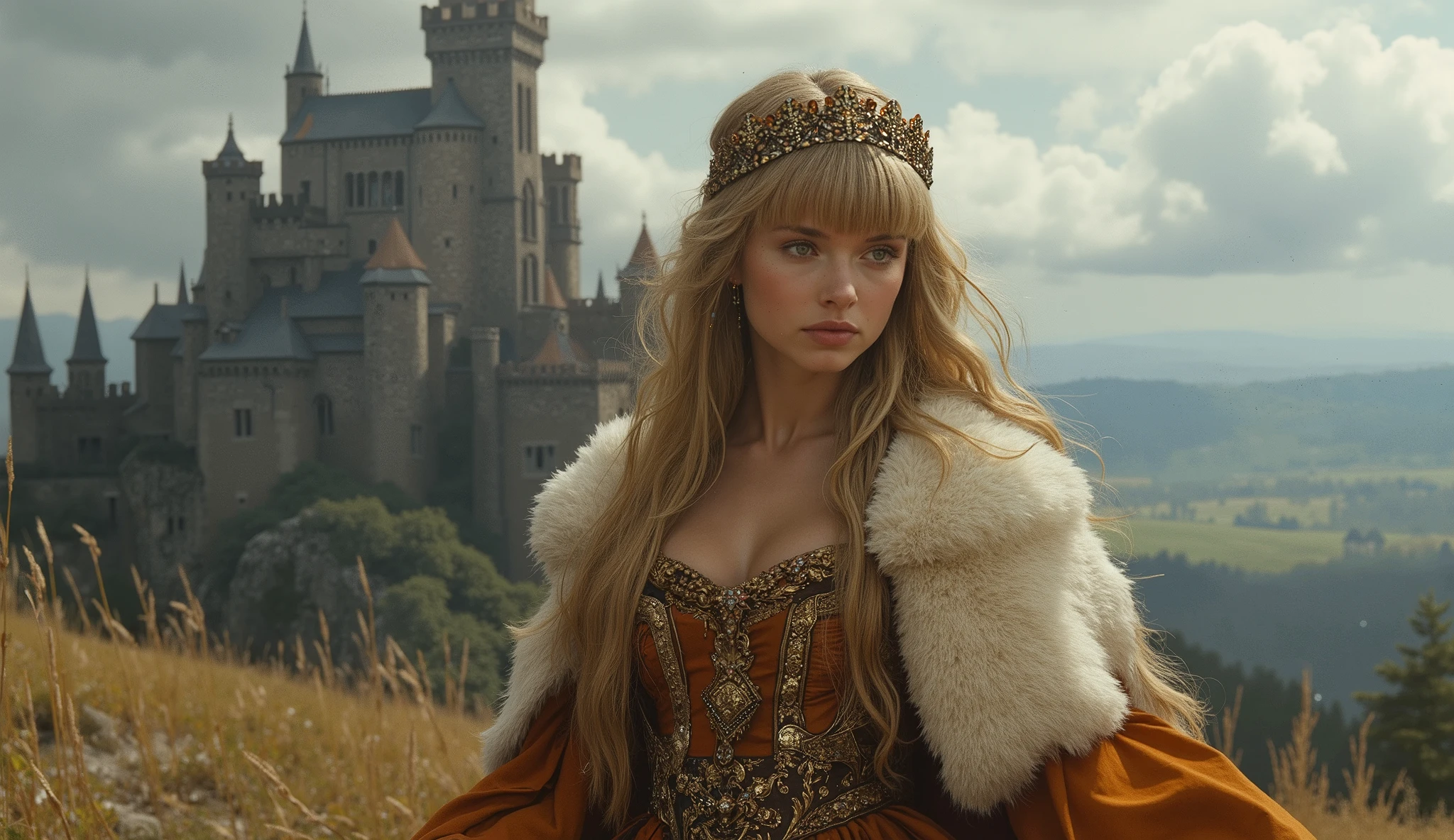photo still from a 1970s fantasy epic film, a beautiful young Nordic woman as a Slavic princess, (long golden blonde hair with blunt bangs:1.2), (delicate porcelain skin:1.1), innocent yet determined eyes, petite and graceful physique. She wears an (exquisite fantasy Slavic royal gown:1.3) with wide, ornate sleeves, a (gorgeous multi-layered skirt:1.2), and a luxurious fur capelet. An intricate, jeweled hairband adorns her hair. Background features a (majestic fantasy royal castle:1.2) under a dramatic sky. Cinematic lighting, rich textures, highly detailed, sharp focus, vibrant yet period-appropriate colors, award-winning cinematography, professional photography, masterpiece, breathtaking, hyperdetailed, photorealistic, intricate details.