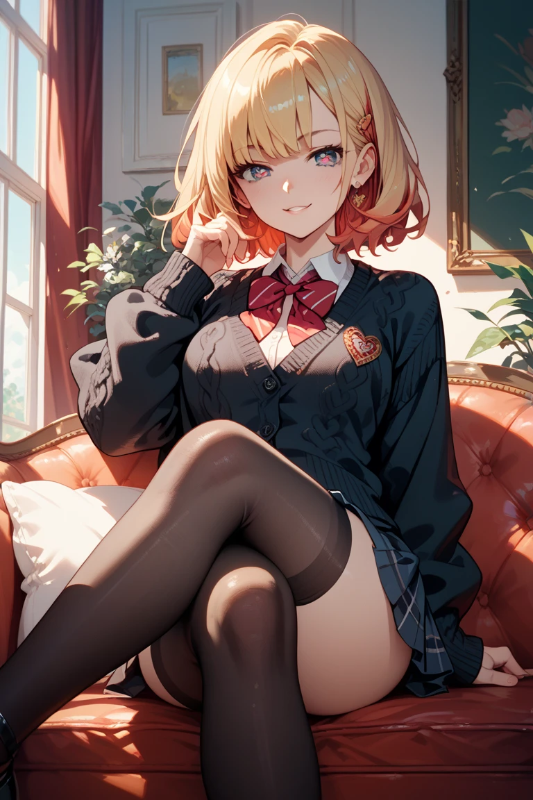 (((1girl))), ((best quality)), ((masterpiece)), ((ultra-detailed)), (illustration), (detailed light), (an extremely delicate and beautiful), (beautiful detailed eyes), (sunlight), ((extremely light)), ((extremely clothes)), (((hyper detail))), (((extremely high resolution))),
(((typical school blazer and a brief pleated skirt))),
high school girl,
wavy manish bob, ((((yellow blond hair)))), (((short hair))),
(((deep red eyes))),
(((whole body))), aged 11 to 14
(((condescending expression))), (mischievous smile with sexual satisfaction), (((extra adorable))), (((extra slender shape))),
(((extremely beautiful detailed face))),
(((sitting on the sofa))), (((((Dutch angle))))),
((exposed pale pink silk panties)), ((())),
(((extremely thin thighs))), (((white stockings)))