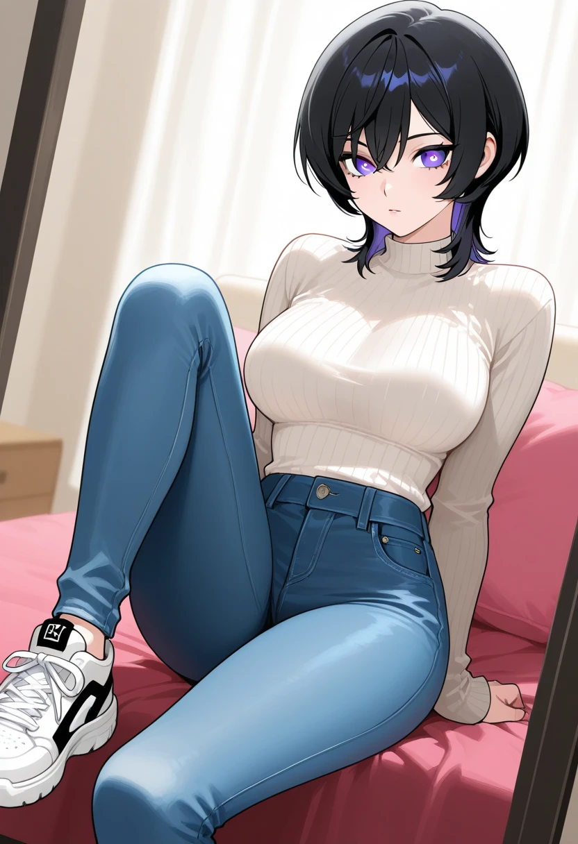 1 girl, Perfect Hands best quality, expressive eyes, perfect face, upper Big body, full body, smile, blush, Wearing White And blue Tights Leggings, Wearing Sports shirt, indoors, day, simple background, Sitting on Sofa, looking , Bright sky, looking at viewer, stairs, moody lighting,