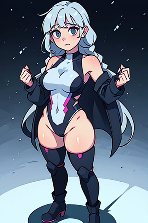 A sexy Asian Russian girl beautiful cute big breast long wavy dark blonde hair her round gray eye eyelash thin black pink lip soft cheeks she dresses dark gray top long sleeve shows navel and short gray pants pair of polar blue socks black snow boot