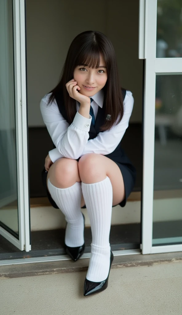 nsfw, 4k, 8k, 16k, masterpiece, best quality, ultra high res, High detail RAW color photo, professional photograph, (photo realistic:1.8), depth of field, Lens Glow, Sony α7, 35mm, f1.8, (full body), dynamic angle, (1 Japanese high school girl), (cute Japanese idol:1.5), (high detailed cute face:1.5), (high detailed eyes:1.5), (big eyes:1.5), (smile:1.5), (brown hair:1.2), (((shiny skin:1.2))), school uniform, (mini skirt:1.5), (panty shot:1.5), (white panty:1.5), high detailed background, (Natural lighting:1.4)