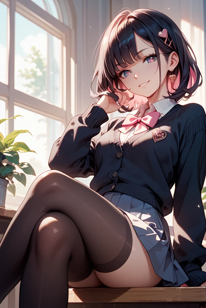 Tongue licking, black knee-high socks, big , uniform, brown hair, M-shaped legs, blouse, pleated skirt, bedroom