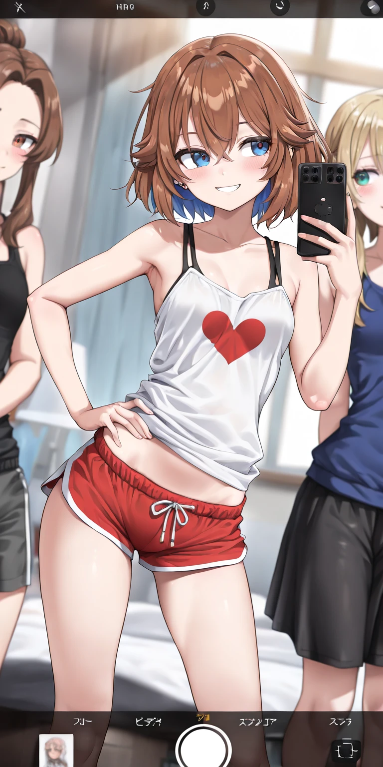 (nsfw:1.2),((2 girls,yo)), (Blushing:1.4), (silk highleg small tight sports bikinis red white and black color), evil Smile, Cowboy Shot, Slim body, large breast, Full Body, (erect nipples,cameltoe:1.2)