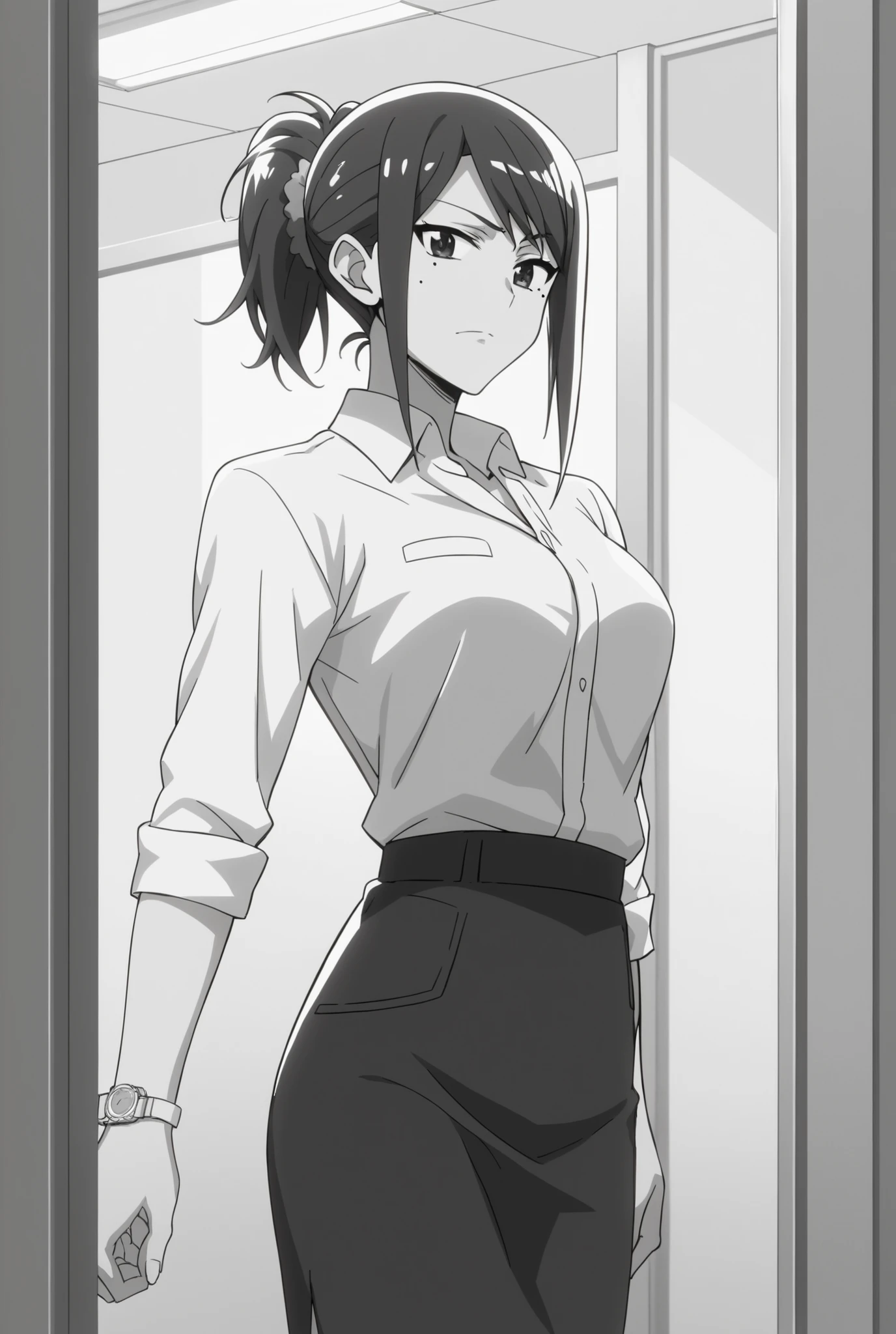 kuzuhara san,kuzuhara midori,enomot,えの素,葛原さん,office uniform,ponytail,No expression,big breasts,slender,beautiful woman,mole under left eye,black hair,long hair,long sideburns,Japanese girl,black eyes,only have black eyes,no glasses, ,manga monochrome , line, cel anime,anime screencap,1girl, watch viewers