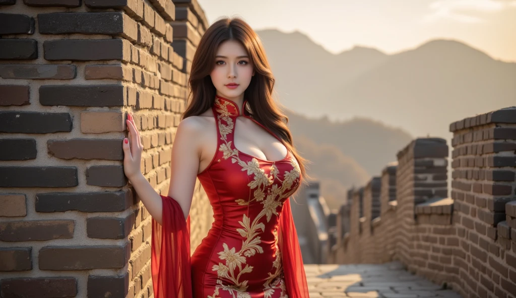 realistic, ((midnight, best quality, 8 thousand, masterpiece :1.3)), whole body, sharp focus :1.2, pretty girl with perfect body :1.4, 23 year old woman, slim abs :1.1, ((dark brown hair, very large breasts :1.2)), ((No Braza)), Crisp breastbone, (Wearing traditional Chinese clothing, short Qi Lao, standing:1.2), pussy visible, hip, ((Standing on the Great Wall of China)), Highly detailed face and skin texture, detailed eyes, double eyelid, laugh, happy expression, earring, pendant, sunset, become dark, backlight, off shoulder,Looking straight at the camera, woman who wants to have sex,