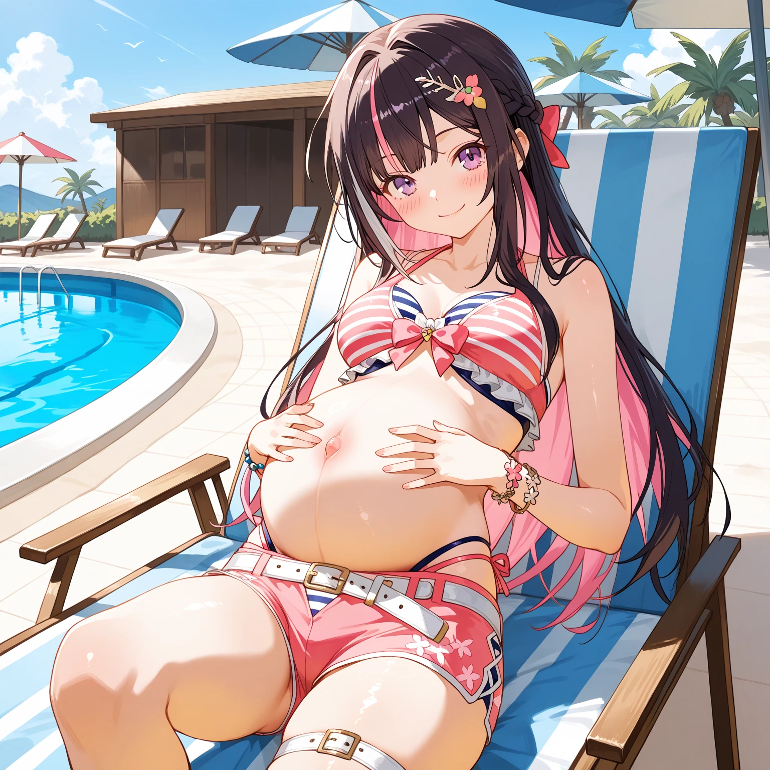 high quality,masterpiece,premium quality, cute,girl, C cup size breasts, brown long hair, cute red lace Mini dress that shows cleavage, Knee-high Socks Barefoot, sunny beach, Eye level,sunlight,Angle of View, pregnant, big belly bump.