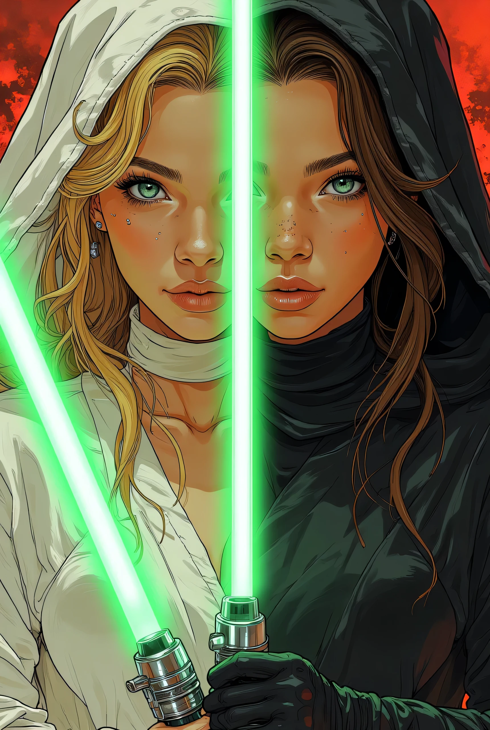 Score_9, score_8_up, score_7_up, ((highest quality)), ((masterpiece)), Perfect Face, (High definition), (Best Shadow), 8k, cinematic. Luis Royo's style, comics sexy art. Two sexiest characters (half-bust:1.2), (1)a Jedi blonde woman with green lightsaber, in sexy white transparent veil(2)a Sith brunette woman with red lightsaber, in sexy black transparent veil. ((two different characters:1.3)), ((two picture in one:1.5)), ((full body view:1.3))